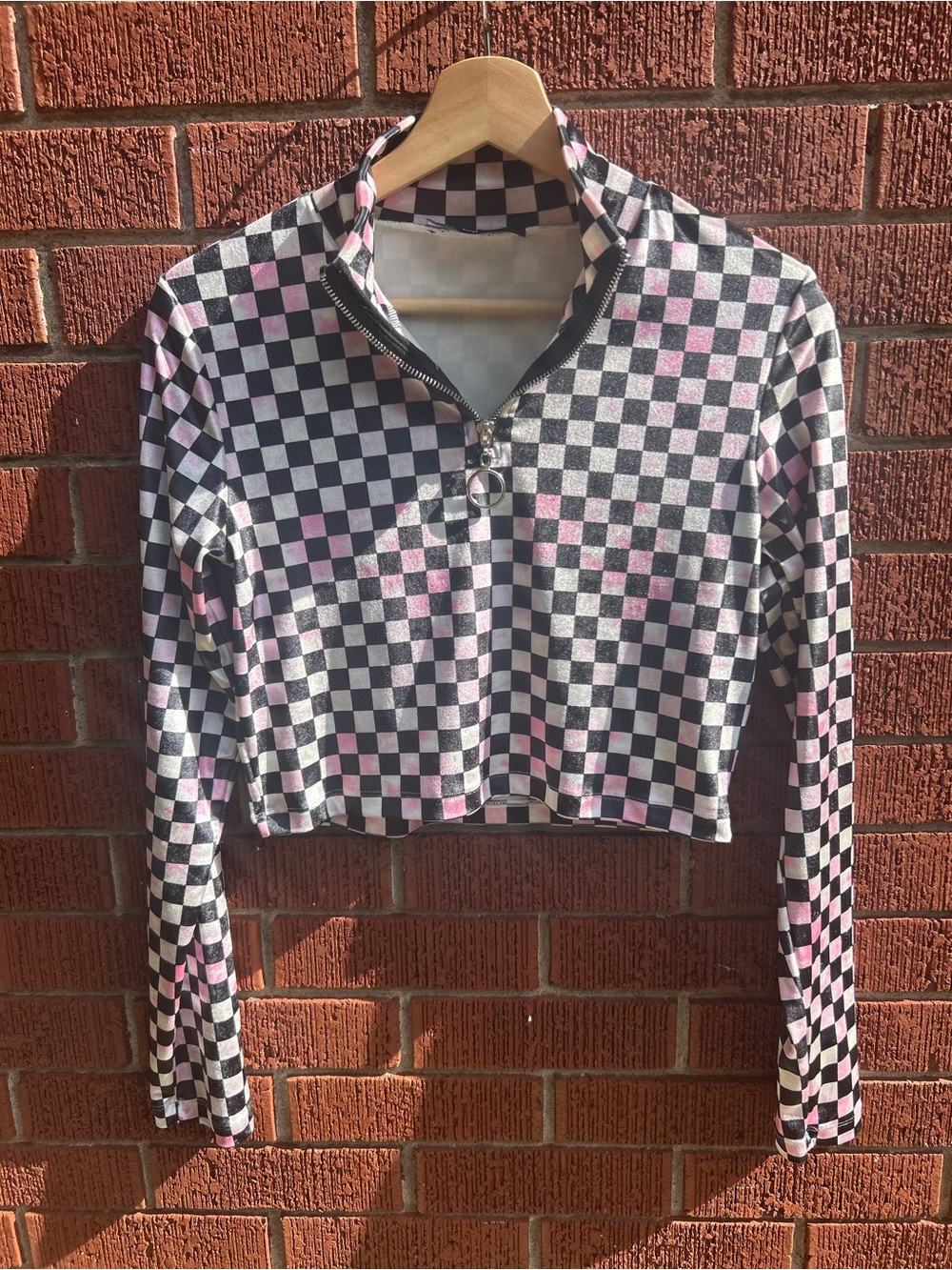 New Girl Order Checkered Half Zip Crop Top Pink Black Long Sleeve Women's M